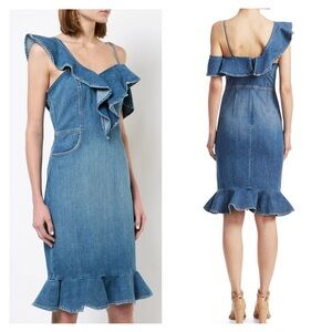 Jonathan Simkhai One Shoulder Denim Ruffle Dress Women's Size‎ 6